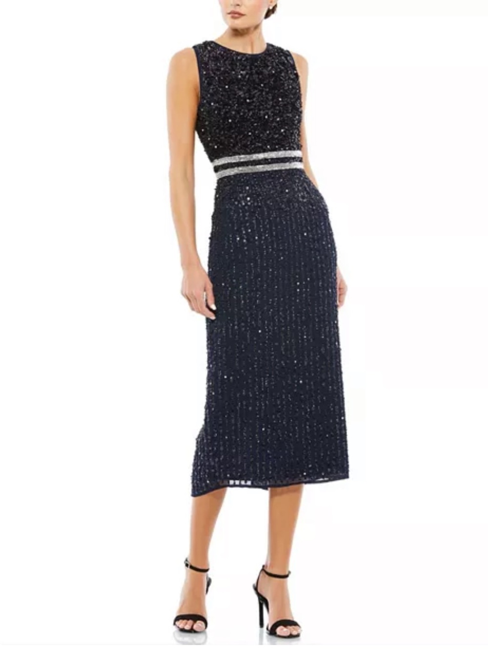 🌻NEW w/tag Mac Duggal A10509 Beaded Sequin Midi Sheath Dress Navy Blue Size 4